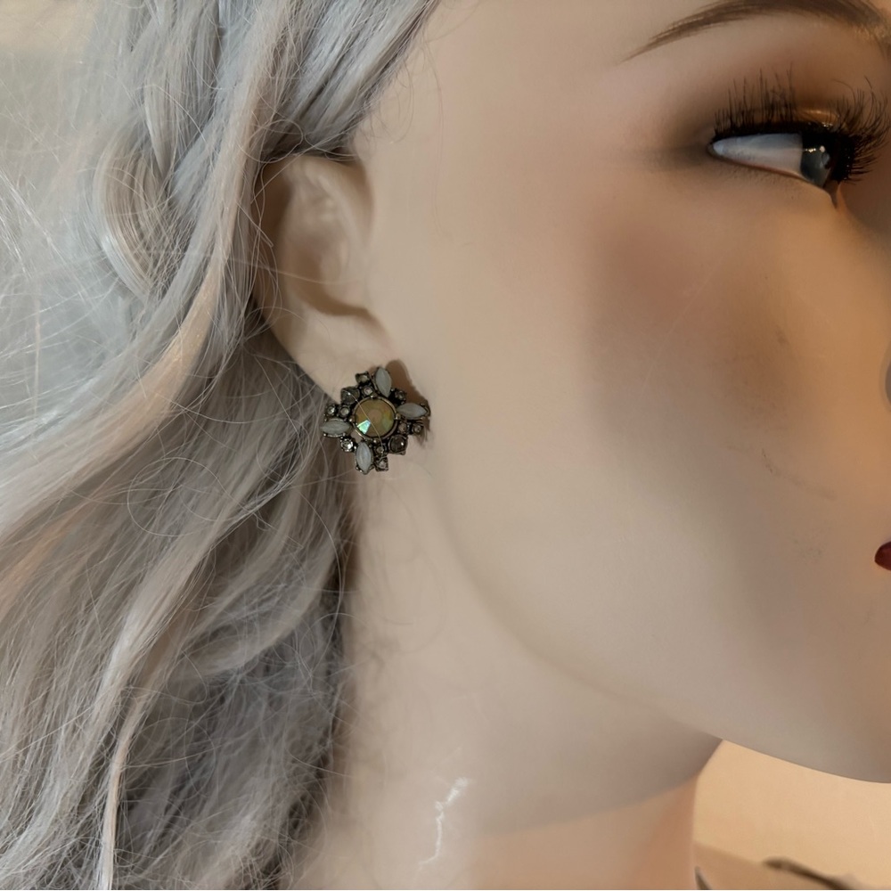 Costume Silver, Opal and Crystal Cluster Earrings